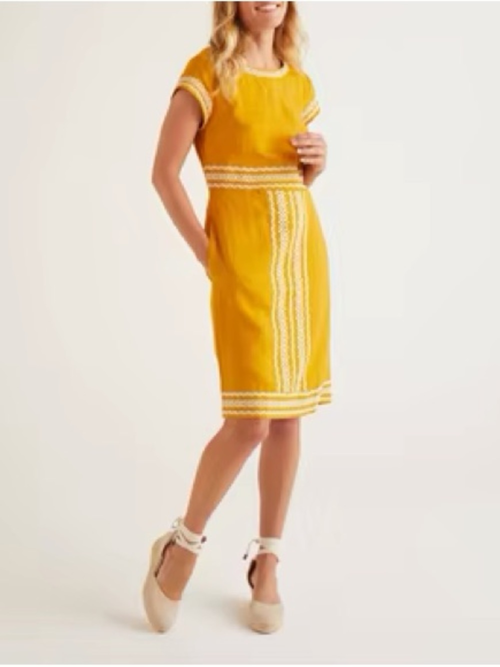 Boden - Yellow Embroidered Lightweight Linen Short Sleeve Dress Size 6 Regular